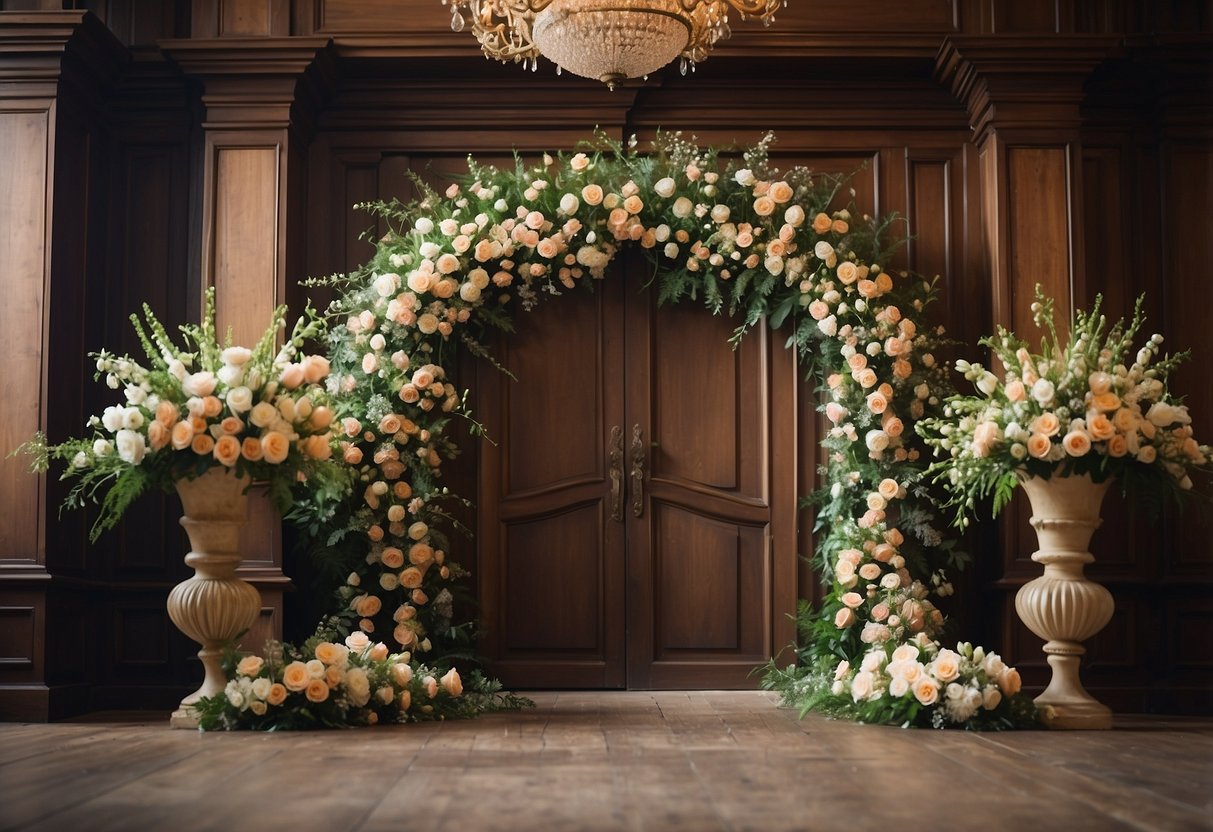 Rustic wooden doors stand tall, adorned with delicate floral arrangements and soft drapery, creating an elegant wedding backdrop