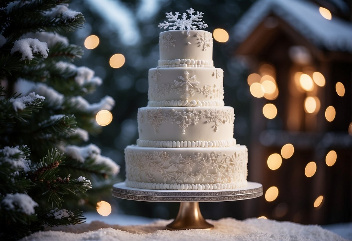 A three-tiered white wedding cake adorned with intricate snowflake designs, silver accents, and delicate sugar flowers, set against a backdrop of snowy pine trees and twinkling fairy lights