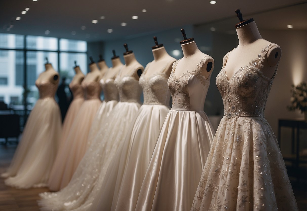 A row of elegant wedding dresses resembling those worn by Kate Middleton, displayed on mannequins in a grand bridal boutique