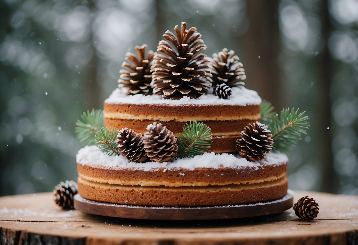 A three-tiered pine cone cake sits on a wooden stand, adorned with rustic pine cones and greenery, against a snowy winter backdrop