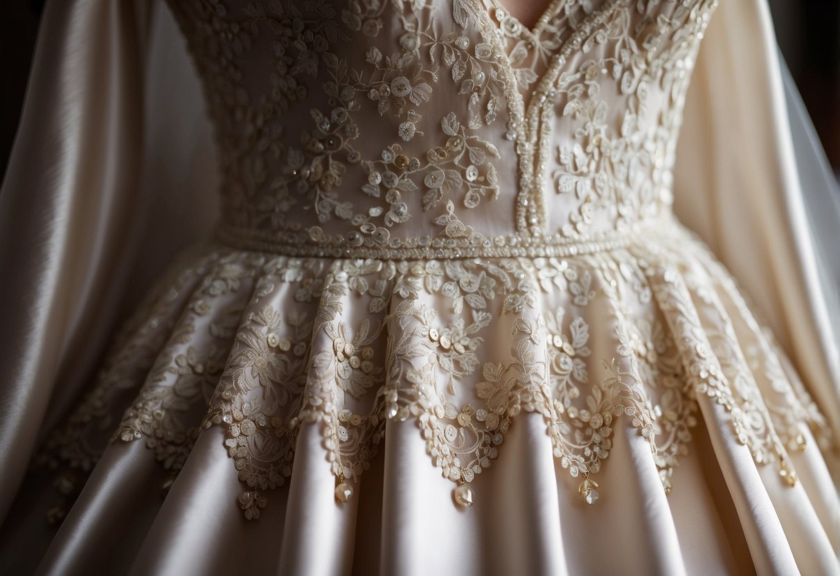 An elegant ivory satin gown with intricate lace detailing, reminiscent of Kate Middleton's wedding dress