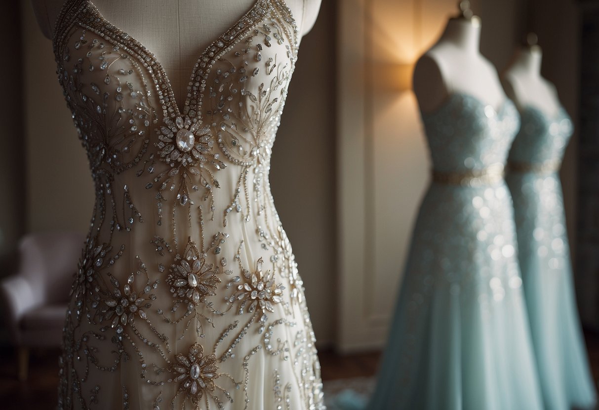 A beaded wedding dress by Jenny Packham, reminiscent of Kate Middleton's style, hangs elegantly on a mannequin