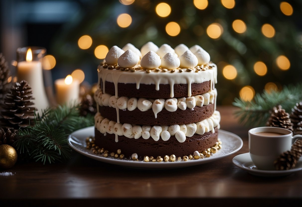 A tiered cake adorned with hot cocoa drizzle, marshmallows, and winter greenery. Snowflakes and twinkling lights surround the festive dessert