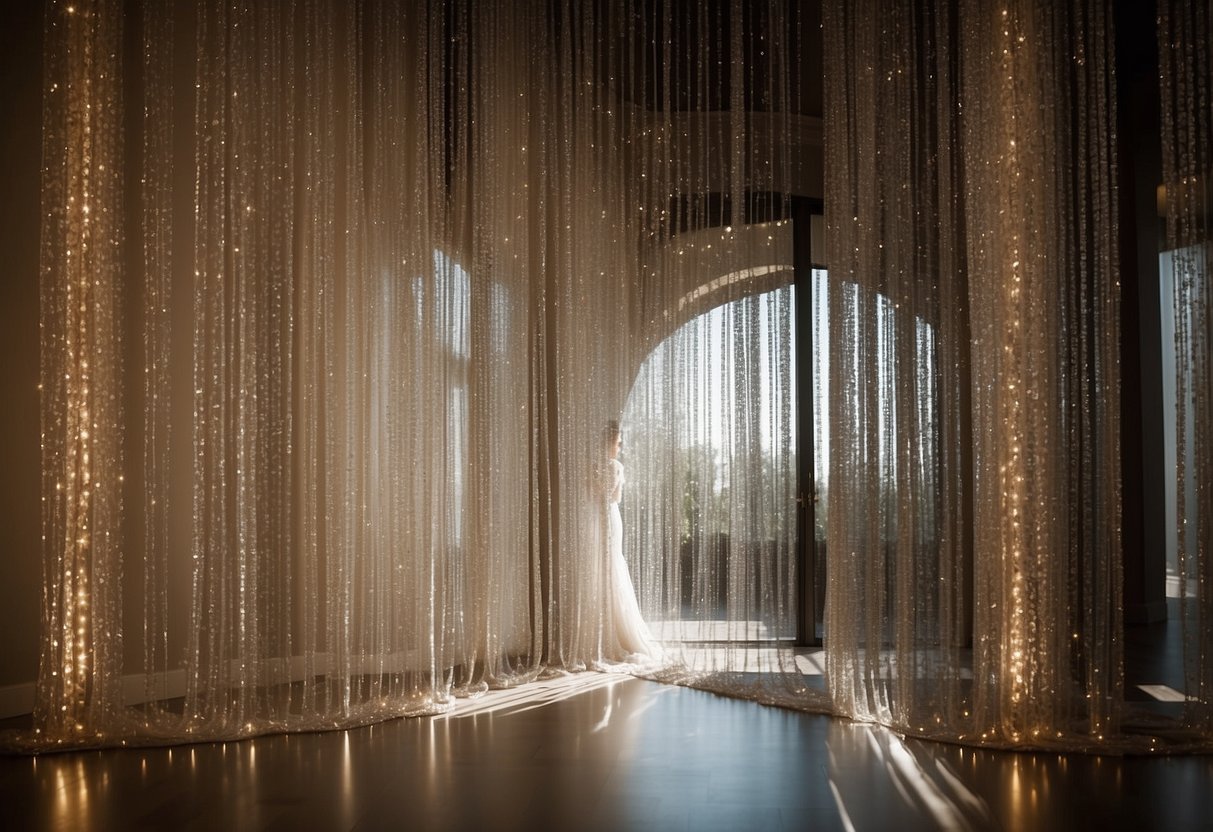 A shimmering cascade of crystal beaded curtains creates an elegant wedding backdrop, catching the light and adding a touch of glamour to the scene