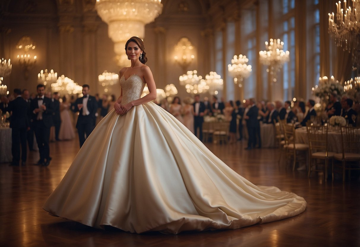 A lavish ballroom with soft lighting showcases Monique Lhuillier's Duchess Satin Dress, reminiscent of Kate Middleton's iconic wedding gown