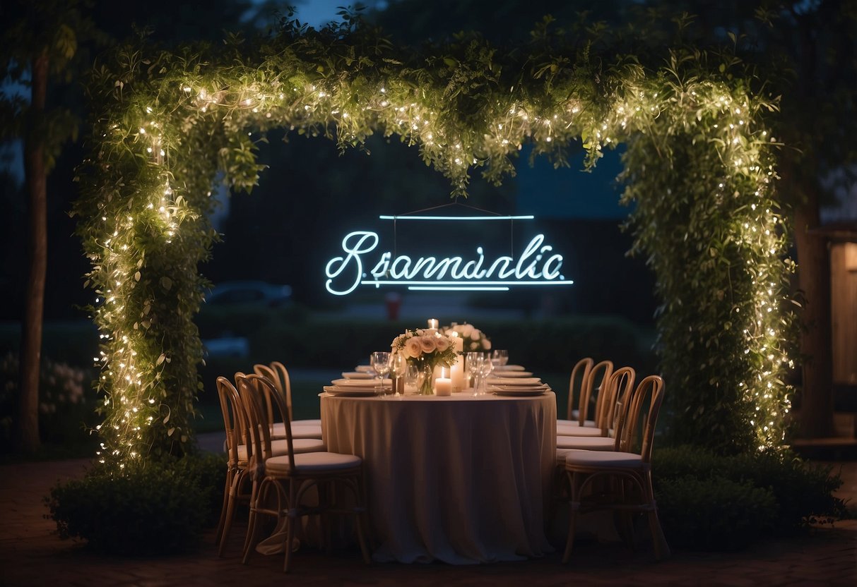 A romantic outdoor wedding reception with a personalized neon sign as an elegant backdrop. Twinkling string lights and lush greenery surround the sign, creating a dreamy atmosphere