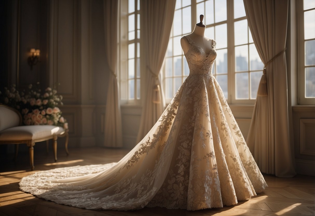 A luxurious Lace Appliqué Gown by Reem Acra, reminiscent of Kate Middleton's wedding dress, draped elegantly over a mannequin in a sunlit atelier