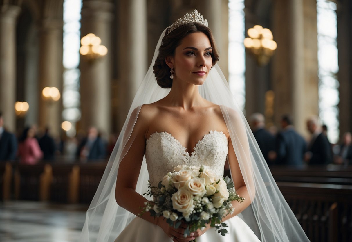 A bride stands in a grand cathedral, wearing a timeless lace wedding dress reminiscent of Kate Middleton's iconic gown by Oscar de la Renta