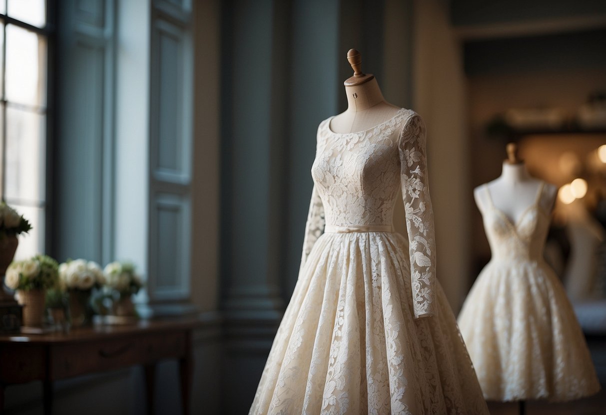 A Chantilly Lace Dress, inspired by Kate Middleton's wedding gown, hangs elegantly on a mannequin