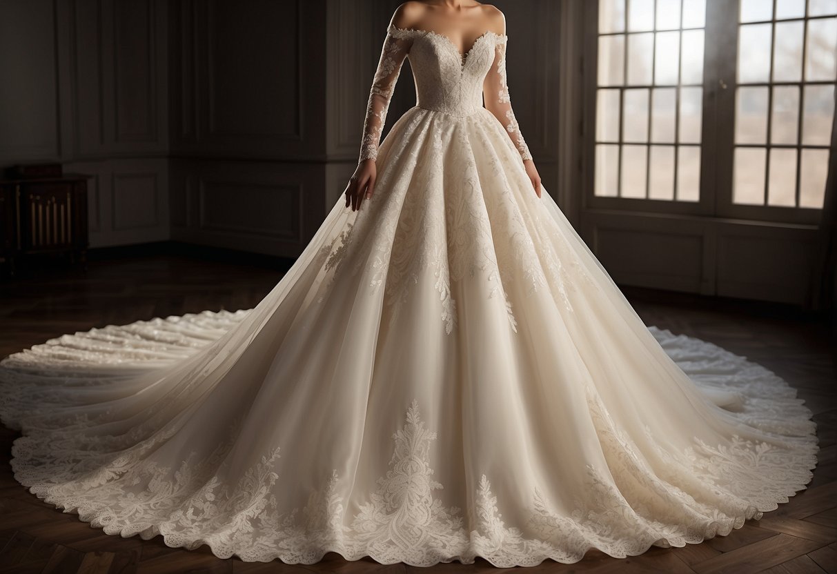 An elegant Off-the-Shoulder Gown wedding dress by Pronovias, reminiscent of Kate Middleton's style, cascades gracefully with delicate lace and a flowing train