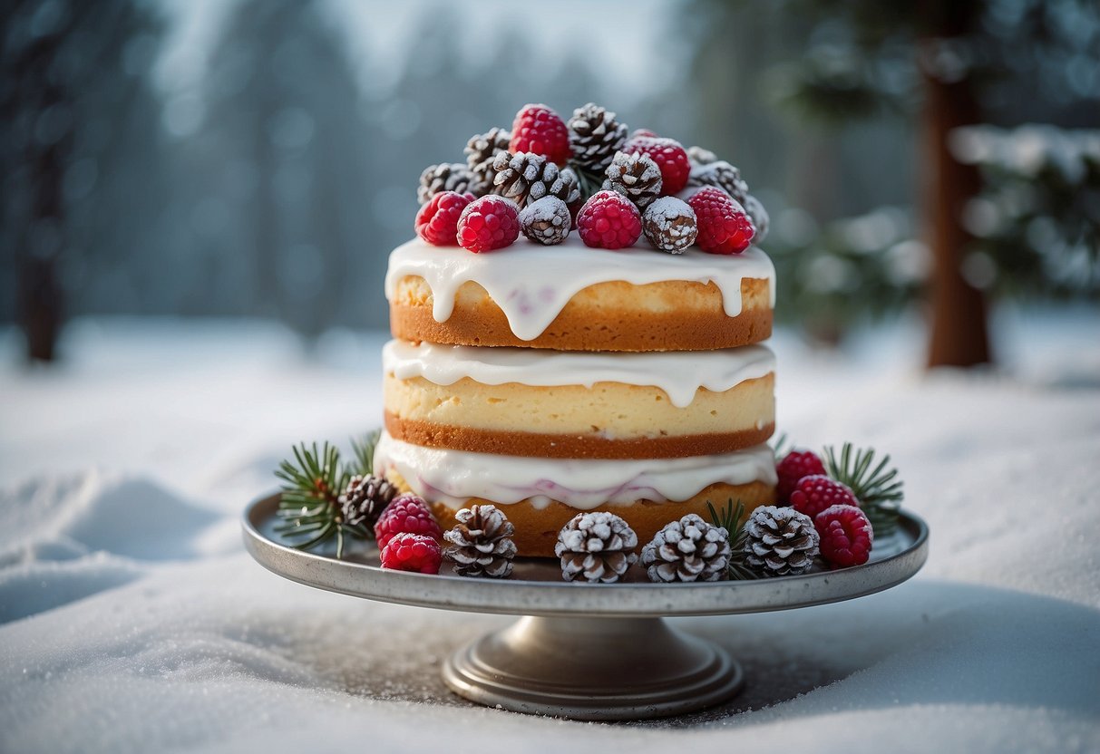 A three-tiered iced berry cake sits on a silver stand amidst a snowy landscape, with frosted berries and pinecones as decoration