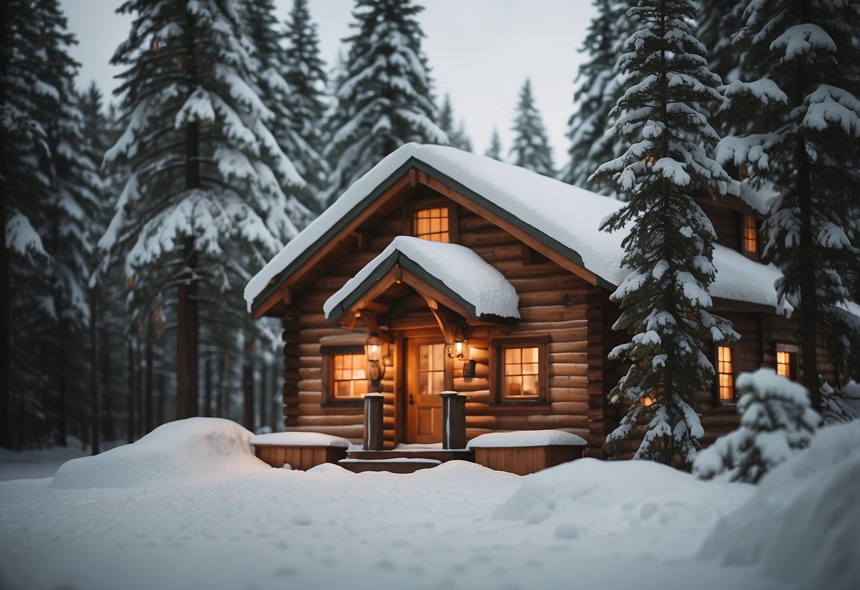 A snow-covered landscape with pine trees and a cozy cabin, featuring a winter wedding cake adorned with seasonal flavors like cranberry, cinnamon, and gingerbread