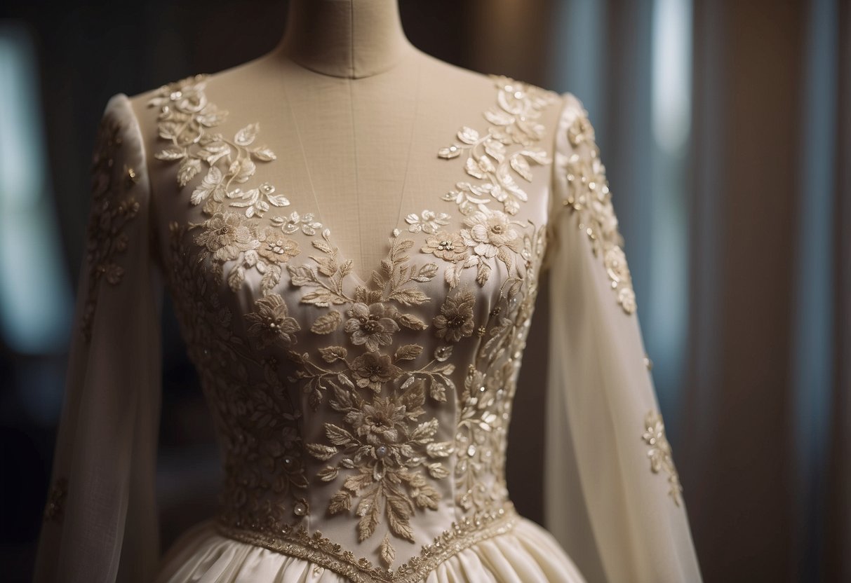 A regal floral embroidered dress, reminiscent of Kate Middleton's wedding gown, hangs elegantly on a mannequin, exuding timeless grace and sophistication