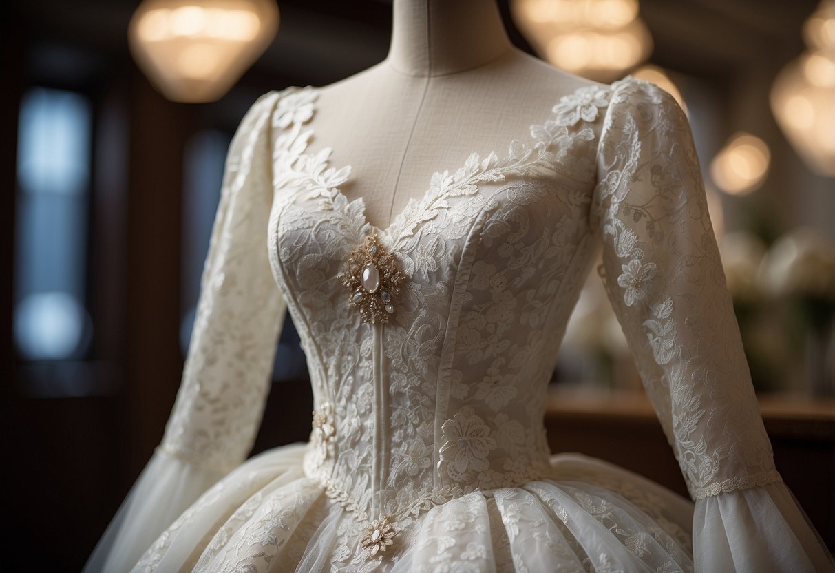 A white lace wedding dress hangs on a mannequin, with intricate sleeve detailing similar to Kate Middleton's gown