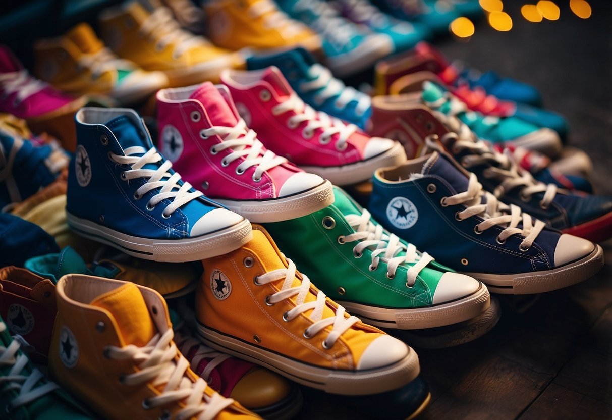 A pile of colorful sneakers arranged in a pyramid, with fairy lights wrapped around them, creating a whimsical and enchanting atmosphere for a sneaker ball wedding