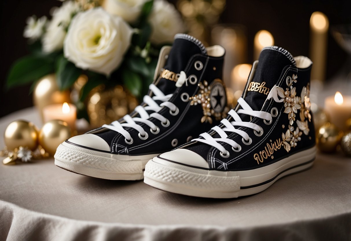 A pair of custom Converse sneakers with "Wedding Date" written on the sides, surrounded by elegant decorations and wedding-themed elements