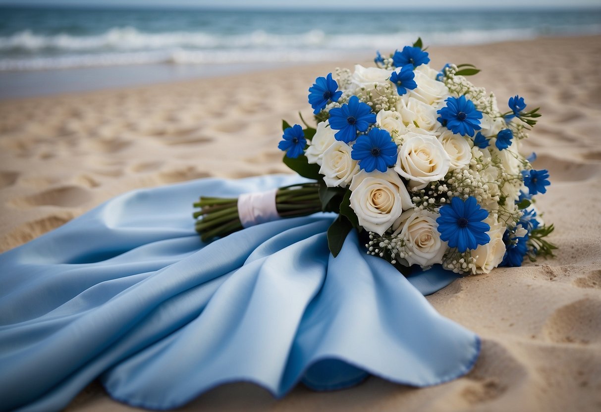 A serene beach setting with blue and white decor, a flowing blue wedding dress, and a bouquet of blue flowers