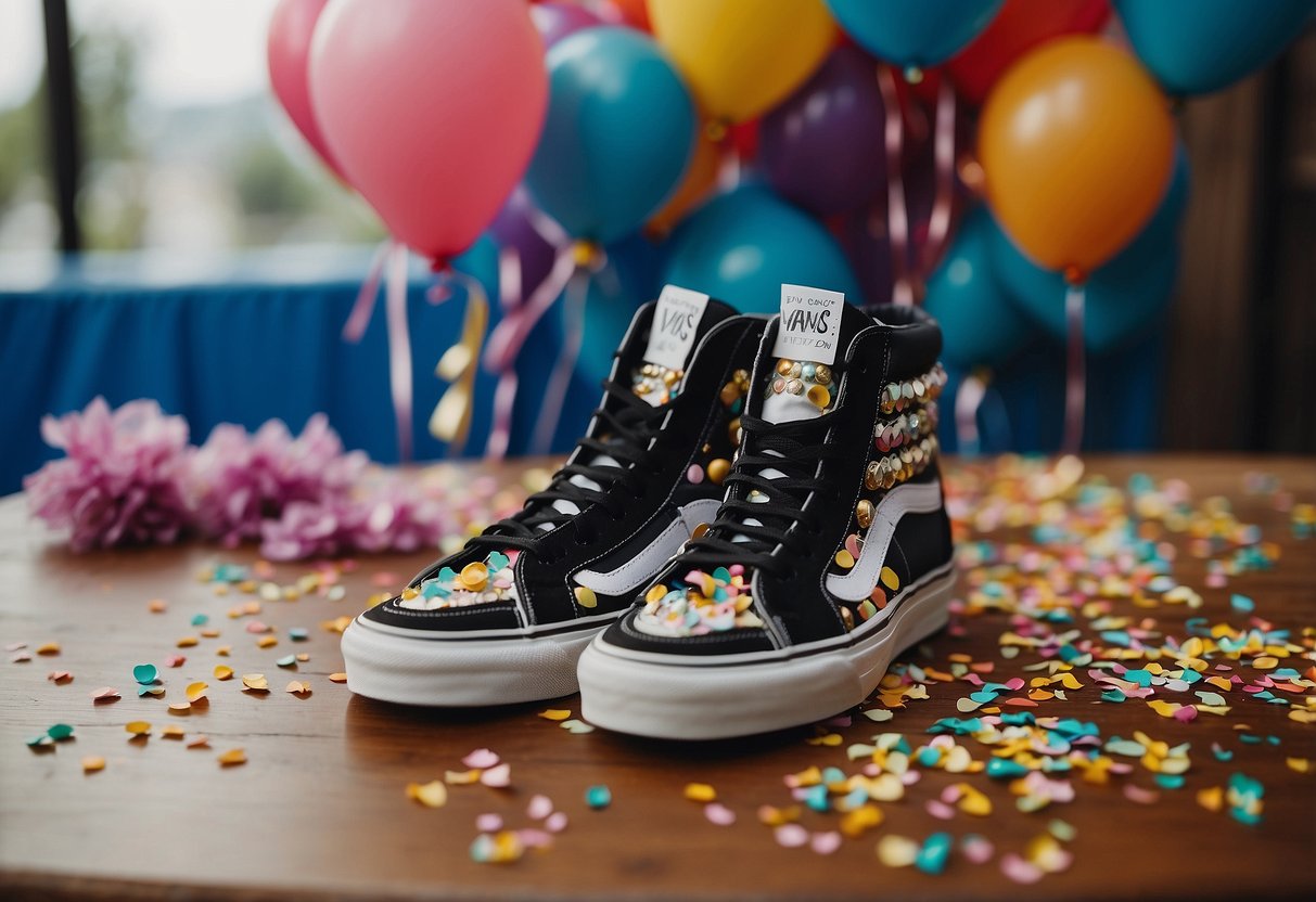 A pair of embellished High-Top Vans sneakers stand on a table surrounded by colorful balloons and confetti, with a wedding invitation peeking out from underneath