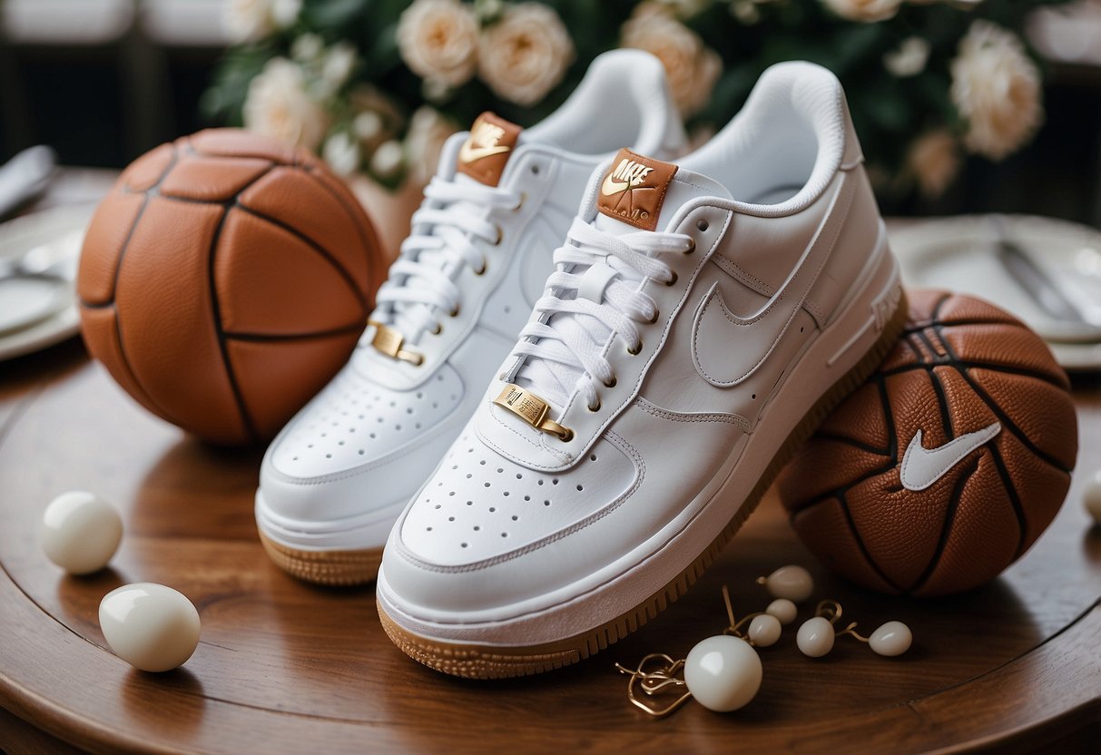 A pair of monogrammed Nike Air Force 1 sneakers placed on a decorative wedding table, surrounded by basketballs and wedding decor