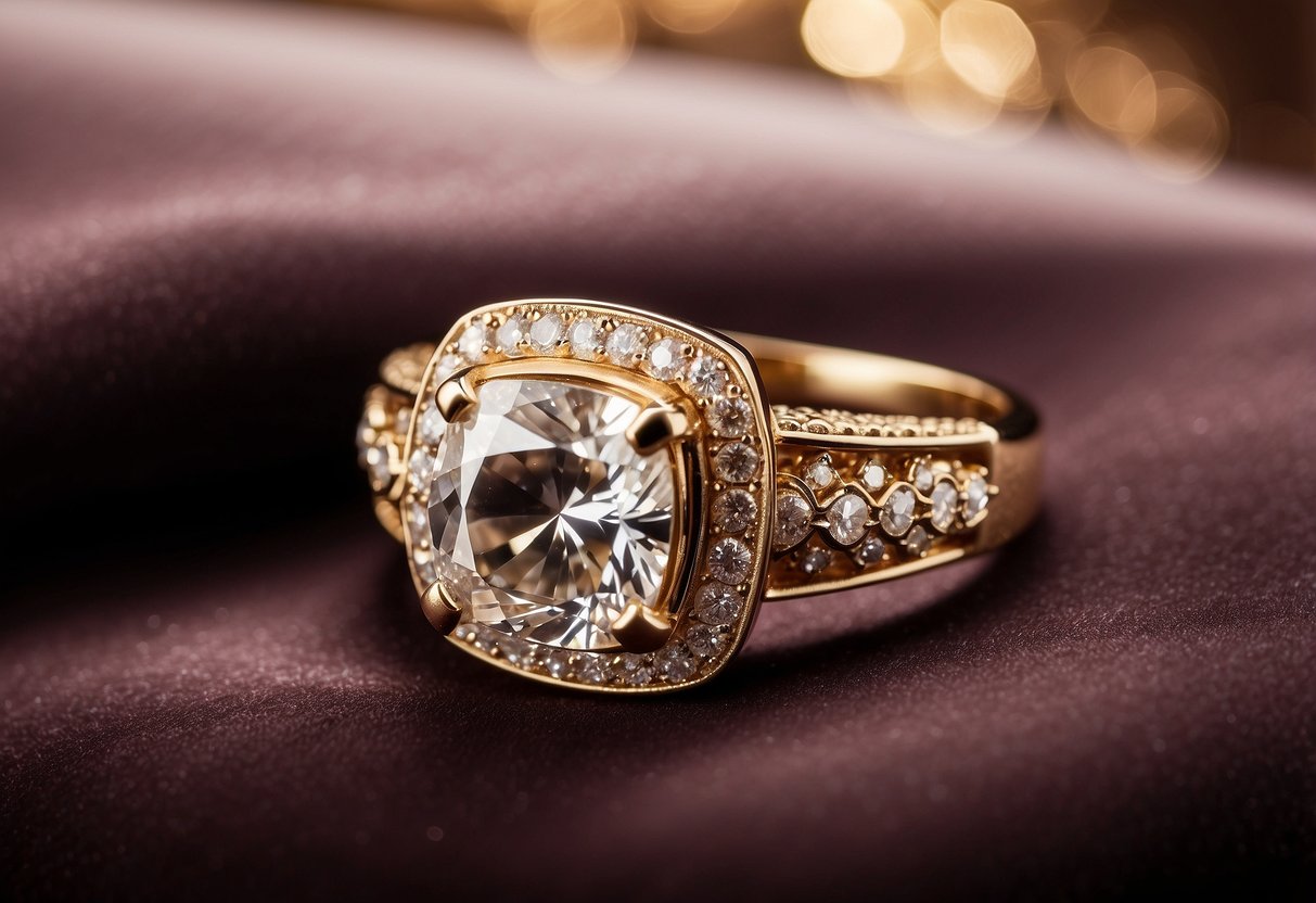 A glittering diamond ring sits atop a velvet cushion, surrounded by sparkling gems and gold bands