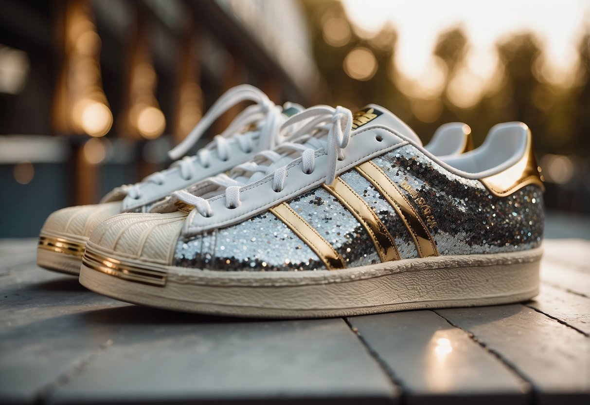 A pair of sequined Adidas Superstar sneakers placed on a wedding table, surrounded by glittering ball decorations and wedding-themed props