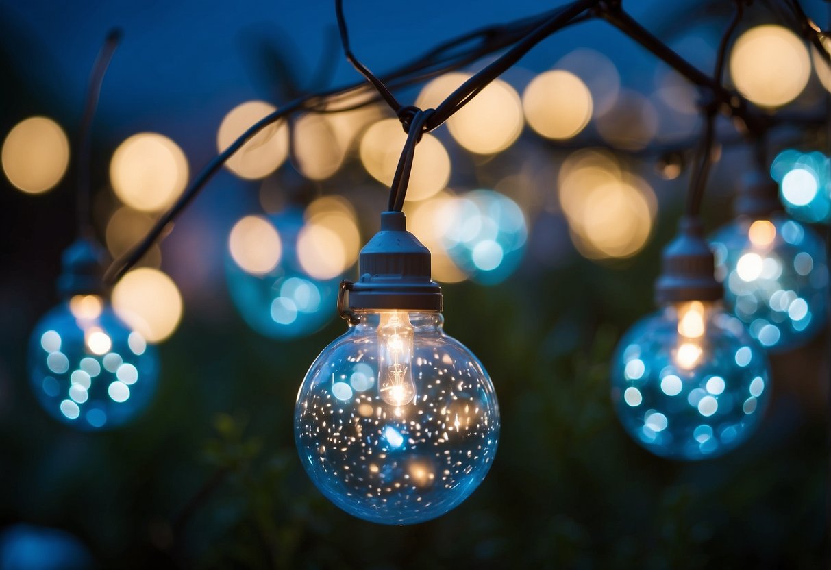 Light blue fairy lights twinkle around a romantic outdoor wedding setting, creating a dreamy and magical ambiance