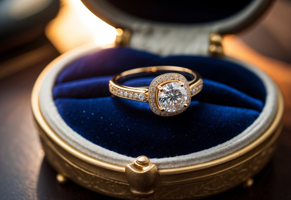 A luxurious engagement ring displayed on a velvet cushion, surrounded by sparkling diamonds and radiant gemstones, with a price tag indicating its high value