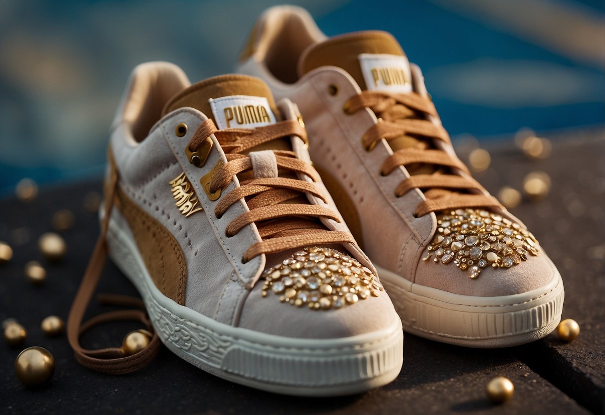 A pair of Puma Suede sneakers painted with intricate ball wedding designs