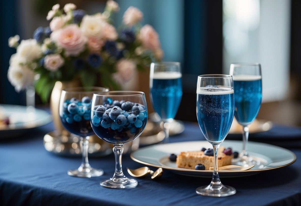 A table set with blueberry champagne cocktails, surrounded by elegant blue wedding decor and floral arrangements