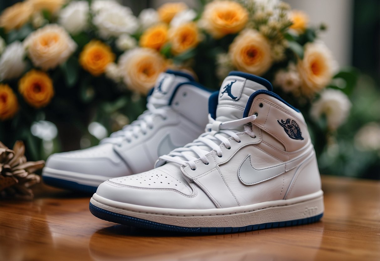 A pair of matching Jordans sneakers placed next to a wedding bouquet, with a basketball and wedding rings nearby