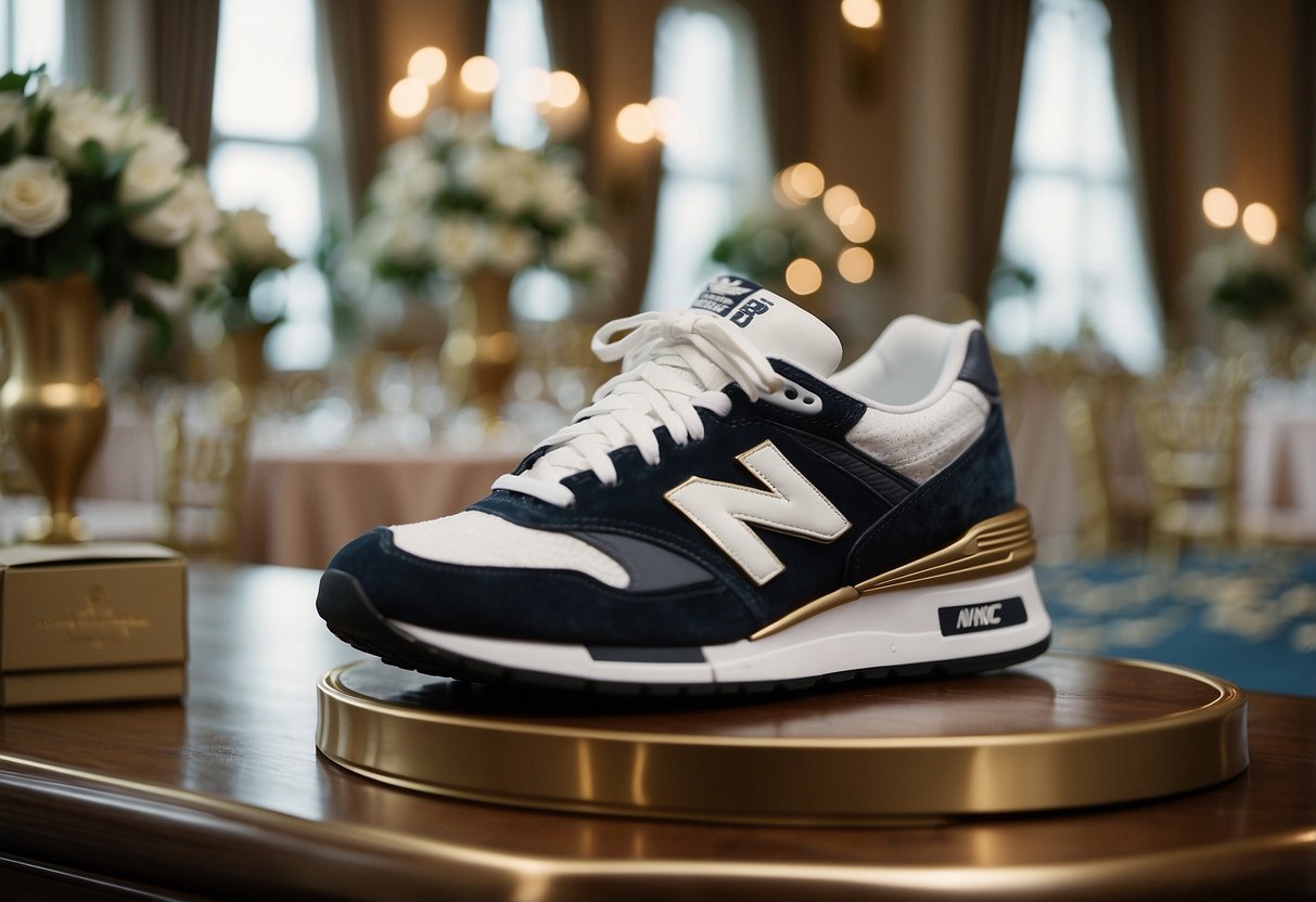 A pair of customized New Balance 990s sneakers placed on a pedestal surrounded by elegant wedding decor and a ballroom setting