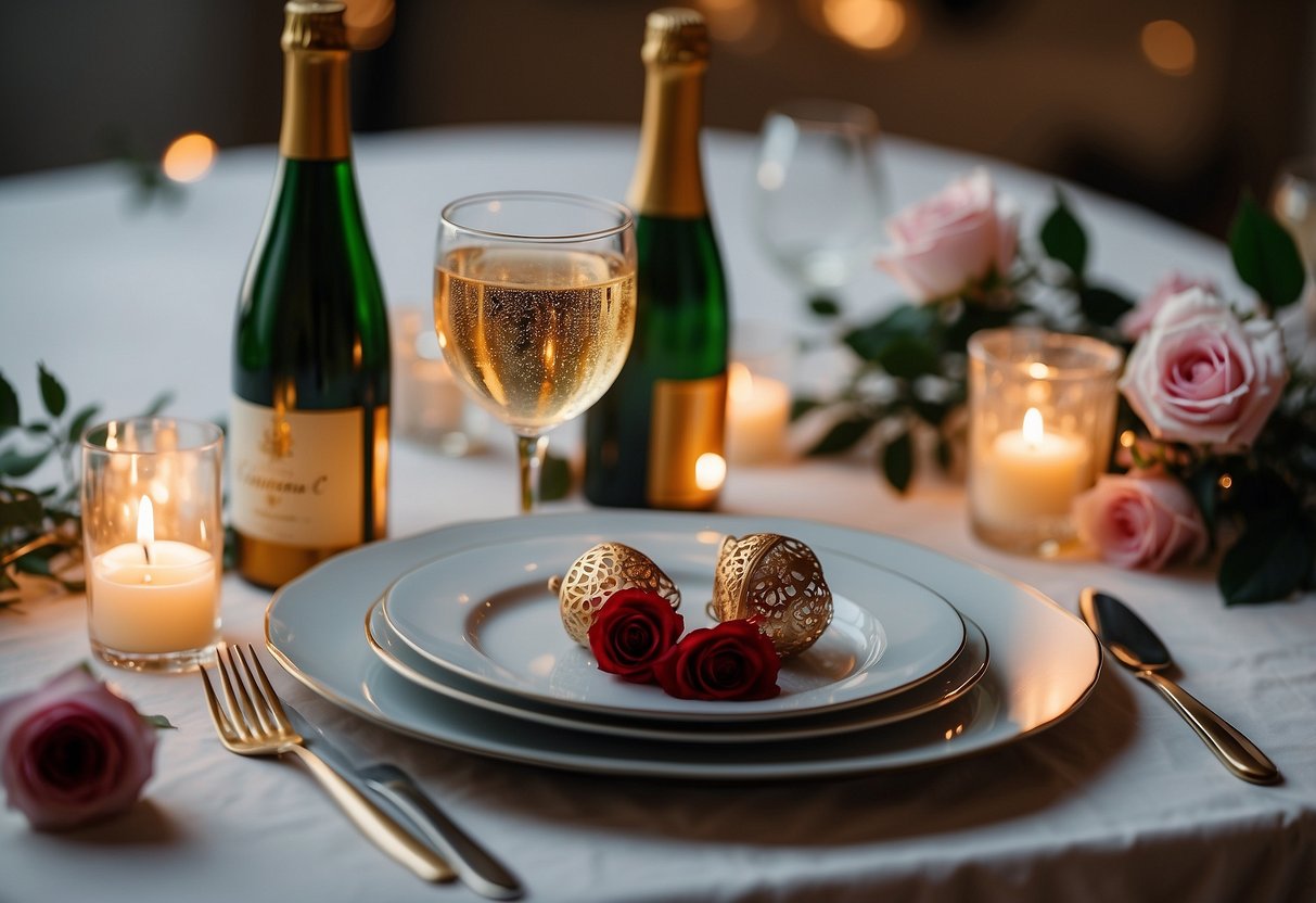 A table set with elegant dinnerware and a bouquet of roses, surrounded by soft candlelight and a bottle of champagne on ice