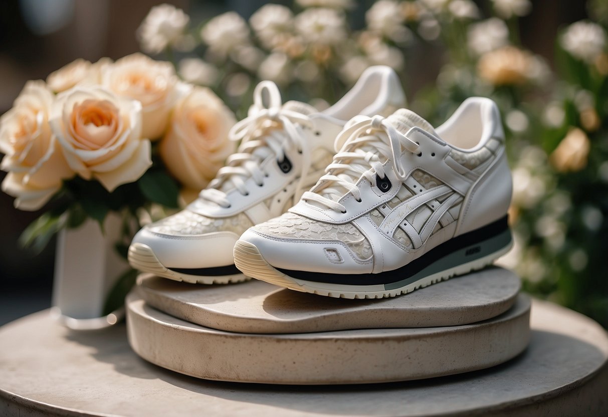 A pair of Lace-Adorned Asics Gel Lytes sneakers placed on a pedestal, surrounded by elegant wedding decor and floral arrangements