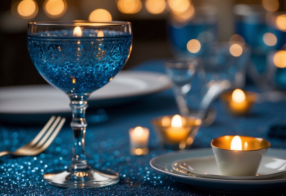 Blue sequin tablecloths shimmering under soft candlelight, adorned with delicate white floral centerpieces. Sparkling glassware and silver cutlery complete the elegant setting