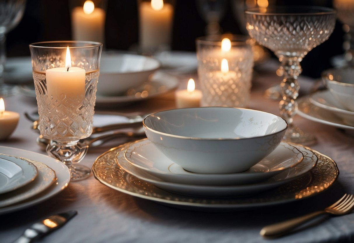 A beautifully set table with fine china, crystal glassware, and elegant silverware. The soft glow of candlelight illuminates the exquisite dishes and decadent desserts