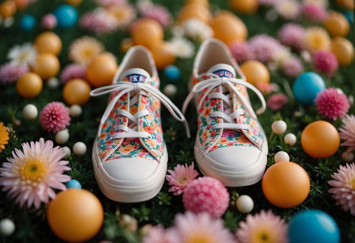 Bright floral print Keds sneakers scattered around a whimsical wedding setting with colorful balls and floral decor