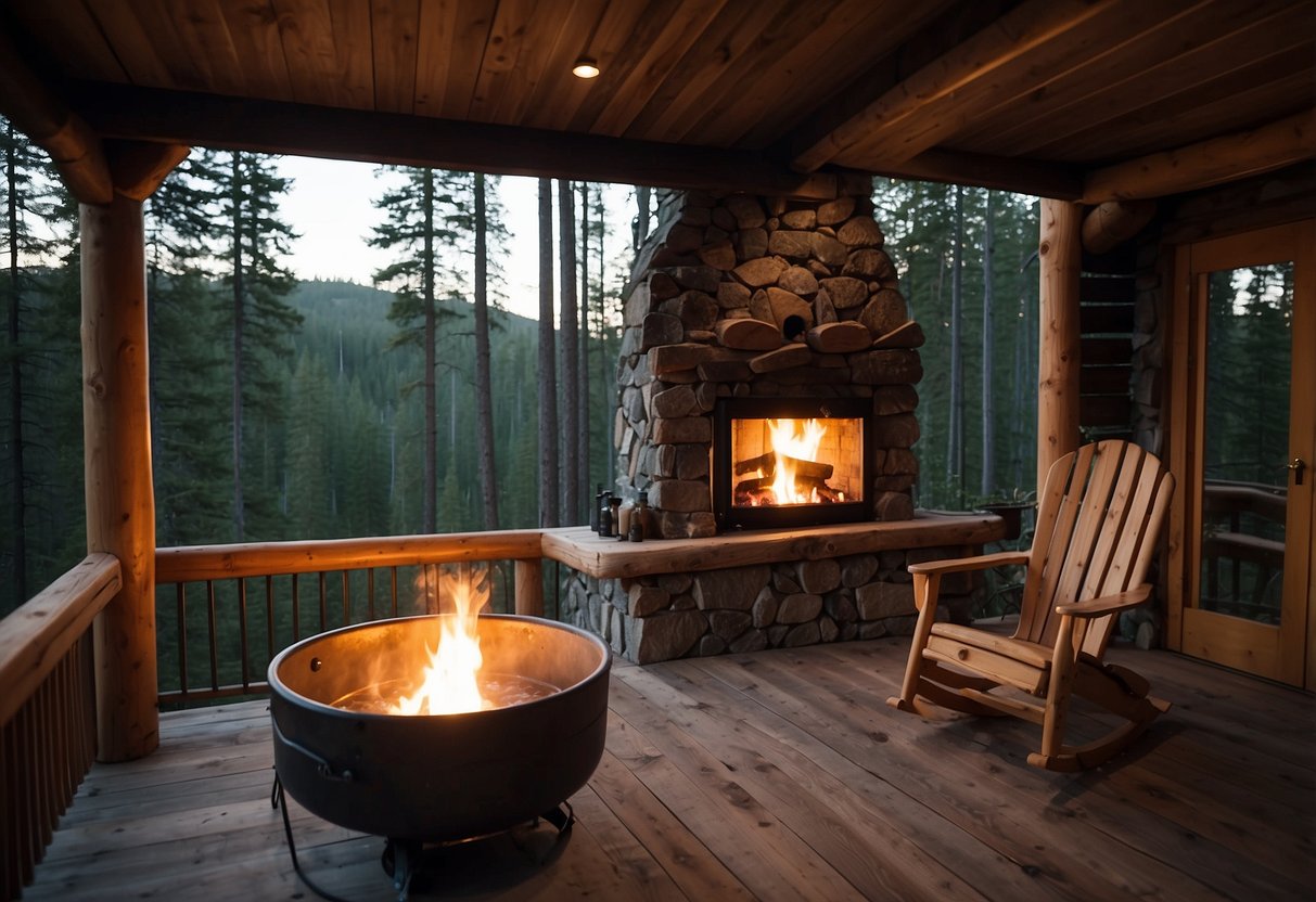 A rustic cabin nestled in a forest clearing, smoke curling from the chimney. A bubbling hot tub on the deck, surrounded by tall pines