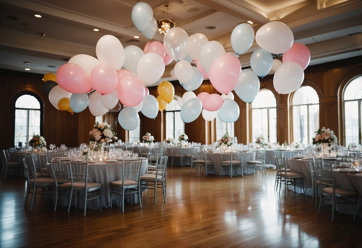 A wedding reception with sneaker-themed decorations, including sneaker centerpieces, sneaker-shaped balloon arches, and a dance floor with a giant sneaker design