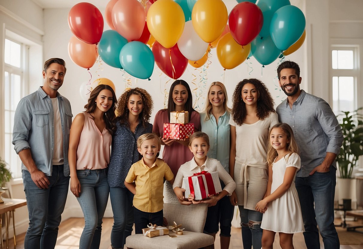 A group of friends and family gather in a decorated room, holding gifts and smiling. The room is filled with balloons, streamers, and a large "Happy 21st Anniversary" banner