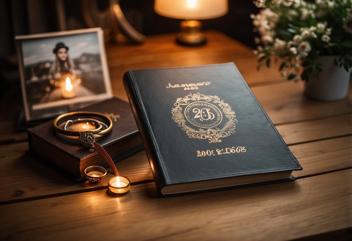 A personalized photo album sits on a wooden table, surrounded by 21st-anniversary memorabilia. A soft, warm light highlights the album's cover, creating a cozy and sentimental atmosphere