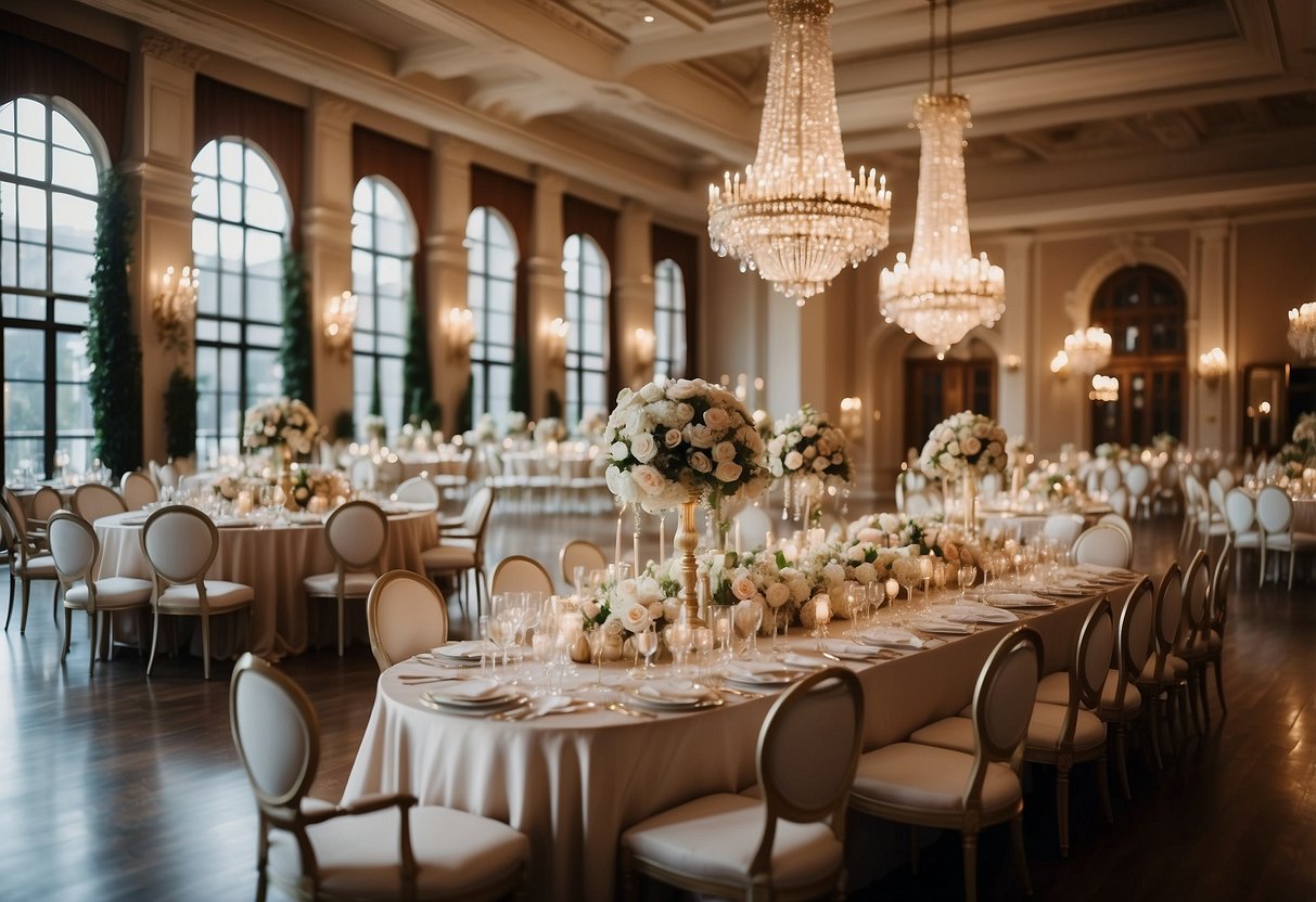 A grand ballroom adorned with opulent floral arrangements, sparkling chandeliers, and elegant table settings for a luxury wedding