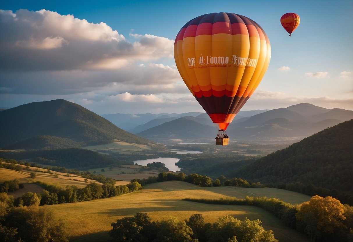 A colorful hot air balloon floats above a scenic landscape, with a couple's 21st anniversary date displayed on a banner