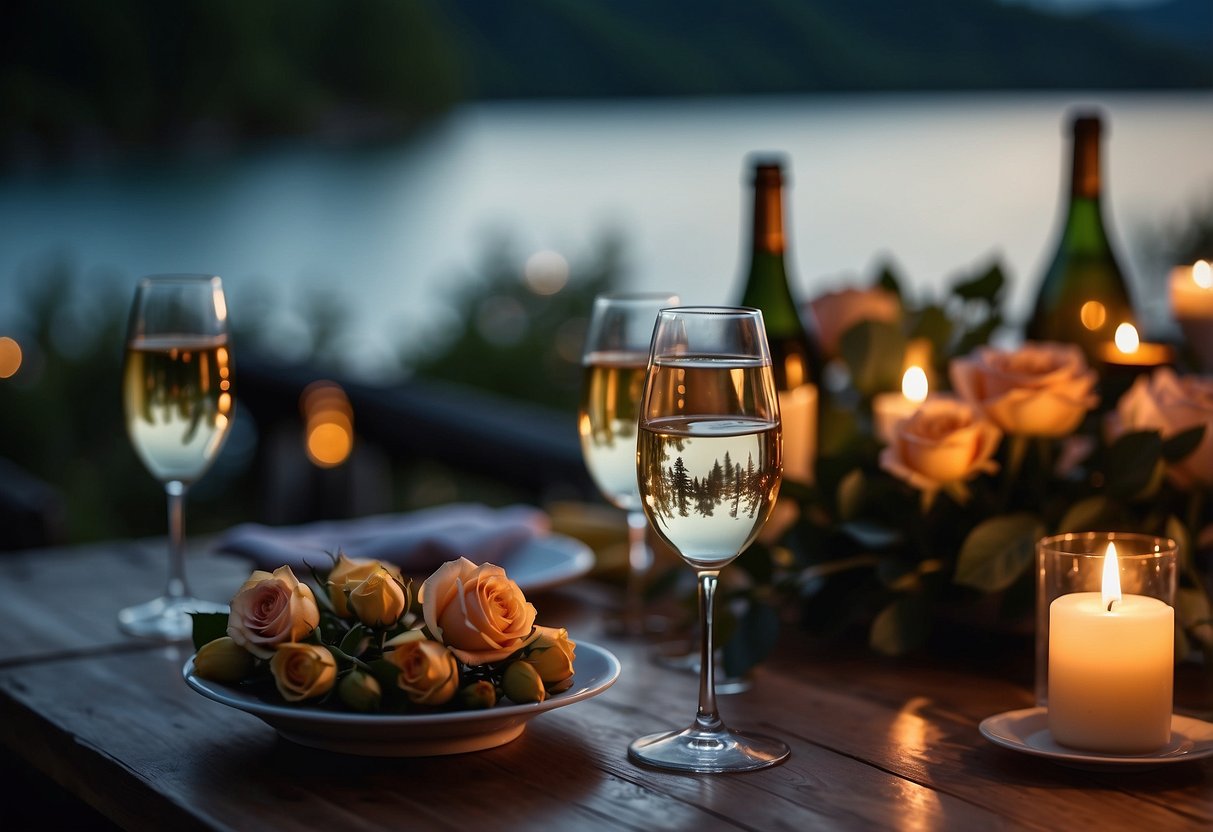 A romantic dinner by candlelight overlooking a serene lake, with a bouquet of roses and a bottle of champagne on the table