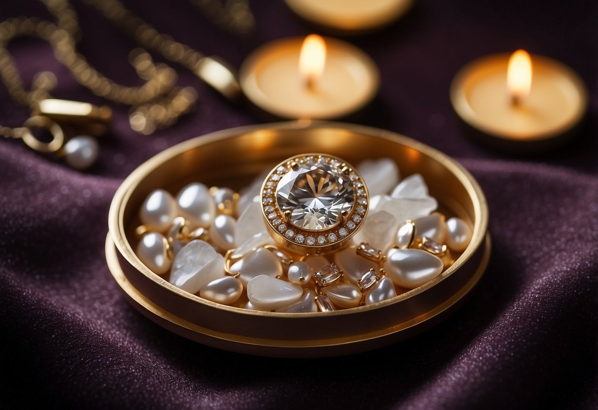 A sparkling diamond necklace and matching earrings displayed on a velvet cushion, surrounded by rose petals and candlelight