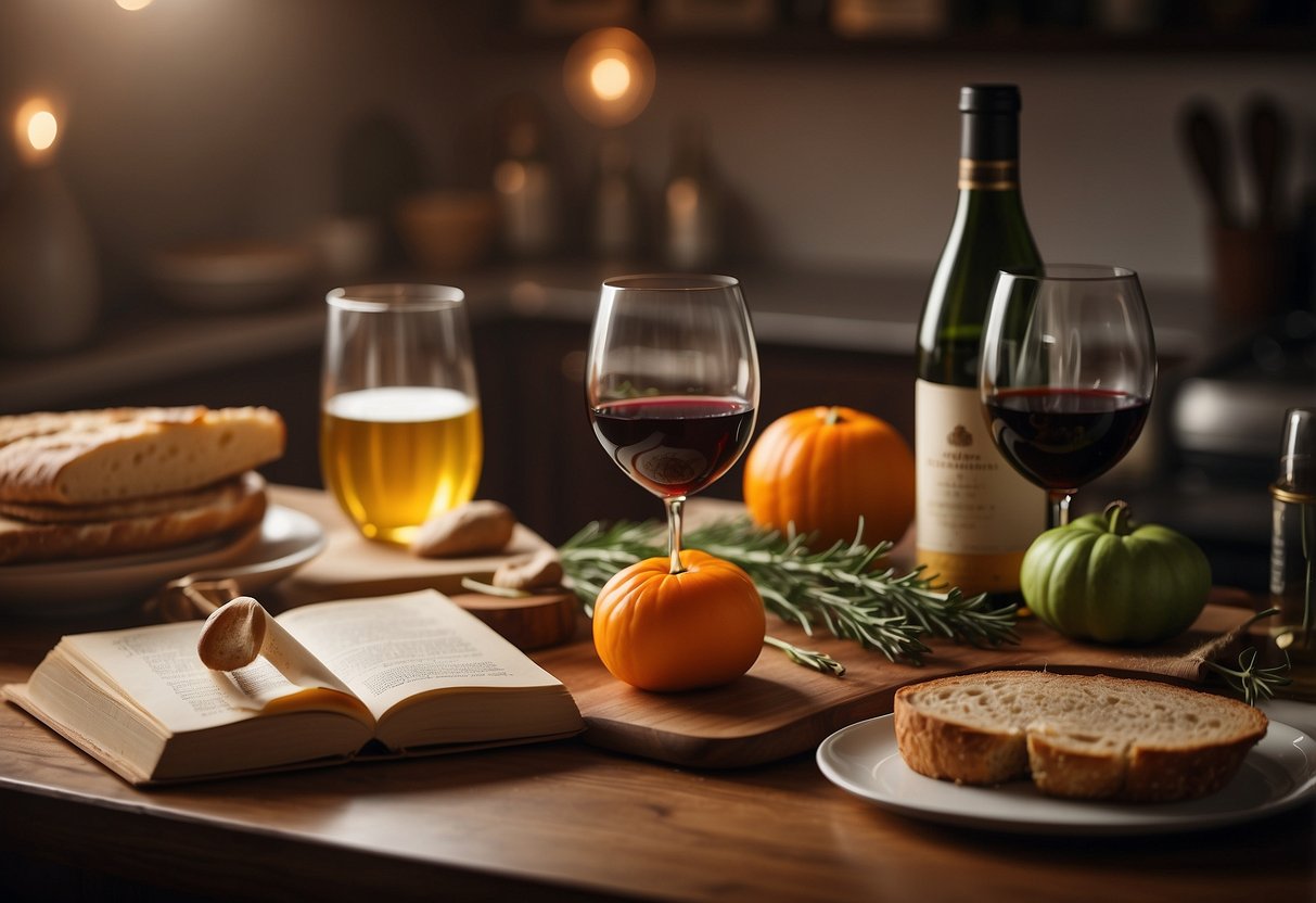 A cozy kitchen with two sets of ingredients, utensils, and a recipe book open on the counter. A celebratory atmosphere with a bottle of wine and anniversary decorations