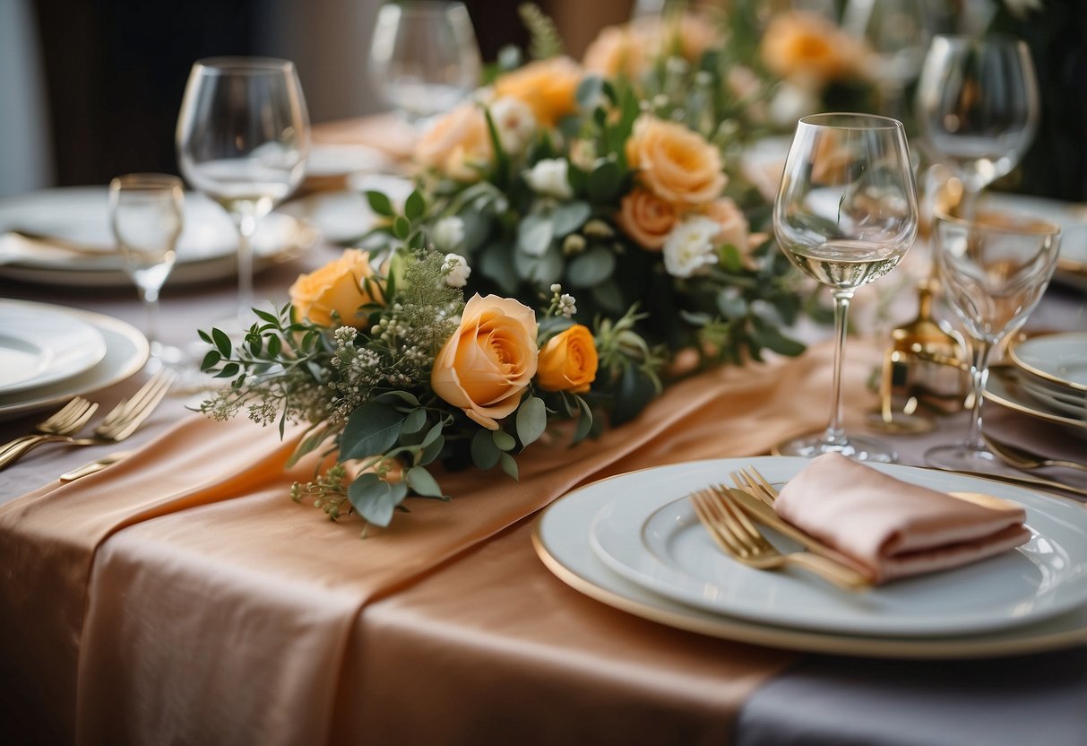 Silk table runners and napkins elegantly arranged on a wedding reception table