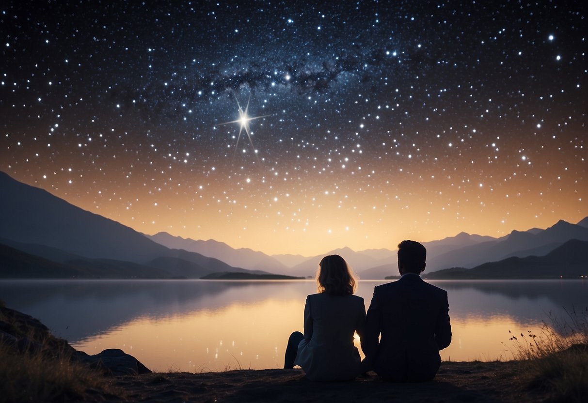 A couple sits under a starry sky, framed by a personalized star map. The map highlights the date of their 18th wedding anniversary, creating a romantic and sentimental atmosphere