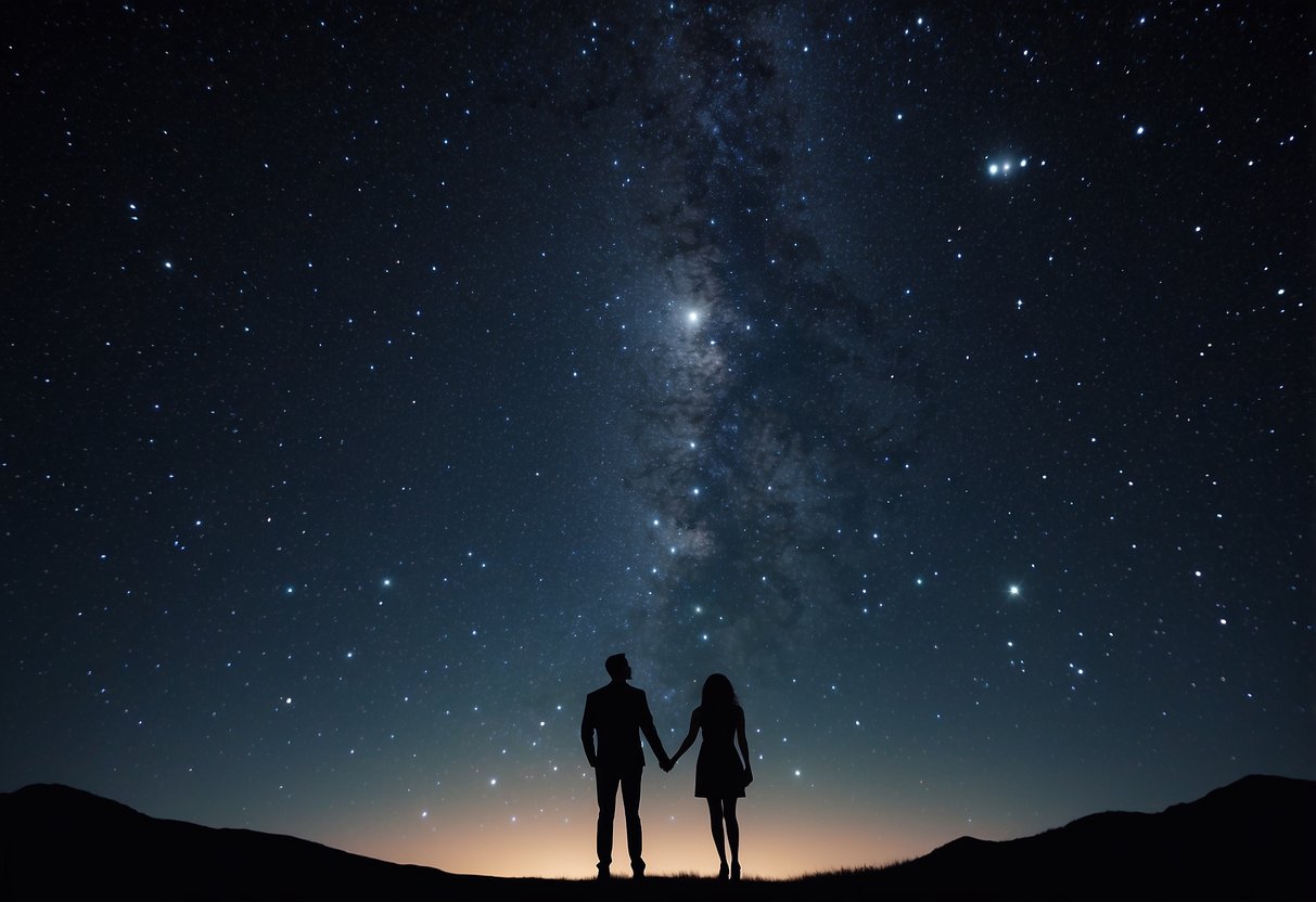 A couple stands under a starry sky, pointing to a customized star map marking their 21st wedding anniversary. The stars shine brightly in the night sky