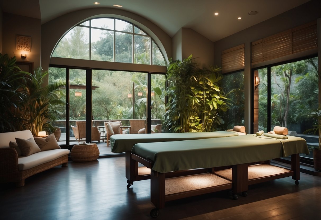 A serene spa room with two massage tables, soft lighting, and relaxing music, surrounded by lush greenery and calming decor