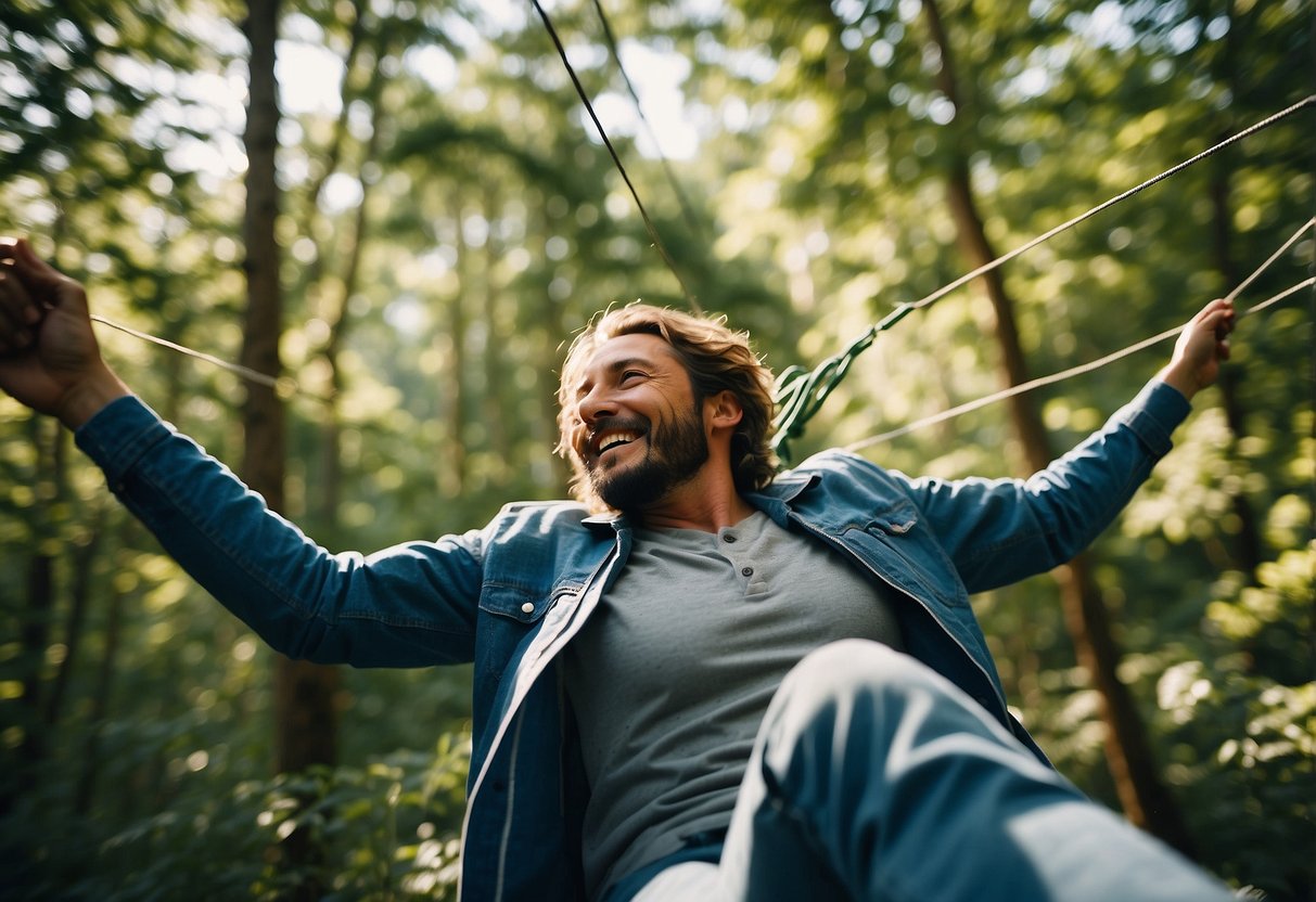 A person zips through the lush forest, suspended on a wire, surrounded by vibrant greenery and a clear blue sky. The exhilarating adventure activity captures the excitement of celebrating a 21st wedding anniversary